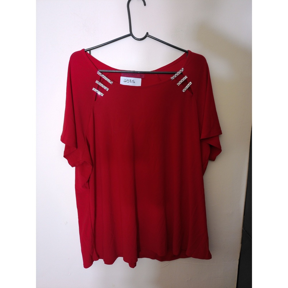 Love Scarlett Top Women 2X Red Rhinestone Cutout Shoulder Short Sleeve Blouse